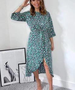 AX Paris Navy Green And Pink Printed Wrap Tie Front Midi Dress
