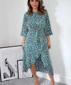 AX Paris Navy Green And Pink Printed Wrap Tie Front Midi Dress