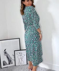 AX Paris Navy Green And Pink Printed Wrap Tie Front Midi Dress