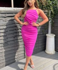 AX Paris Hot Pink Ruched Pleated Top Midi Dress Dresses