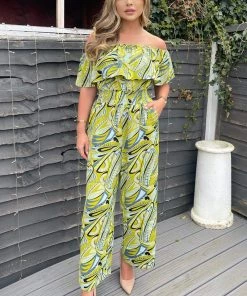 AX Paris Lime Printed Bardot Culotte Jumpsuit Jumpsuits And Playsuits