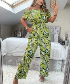 AX Paris Lime Printed Bardot Culotte Jumpsuit Jumpsuits And Playsuits