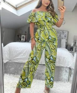 AX Paris Lime Printed Bardot Culotte Jumpsuit Jumpsuits And Playsuits