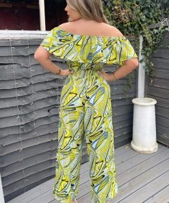 AX Paris Lime Printed Bardot Culotte Jumpsuit Jumpsuits And Playsuits