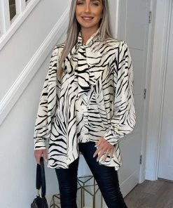 AX Paris Tops Stone Animal Print Satin Tie Neck Shirt