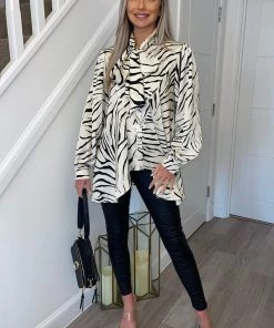 AX Paris Tops Stone Animal Print Satin Tie Neck Shirt