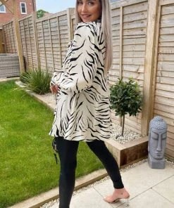 AX Paris Tops Stone Animal Print Satin Tie Neck Shirt