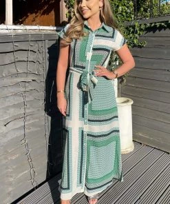 AX Paris Green Printed Tie Waist Button Up Midi Dress