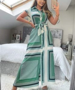AX Paris Green Printed Tie Waist Button Up Midi Dress