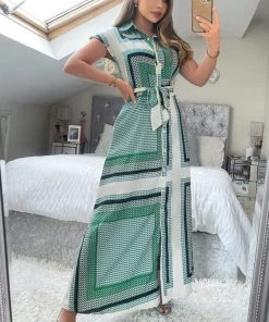 AX Paris Green Printed Tie Waist Button Up Midi Dress