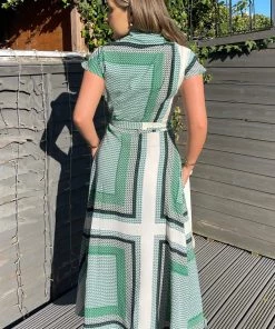 AX Paris Green Printed Tie Waist Button Up Midi Dress