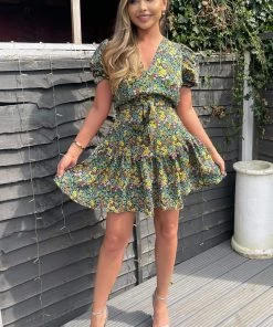 AX Paris Dresses Black Disty Floral Printed Tie Waist Frill Hem Dress