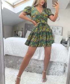 AX Paris Dresses Black Disty Floral Printed Tie Waist Frill Hem Dress