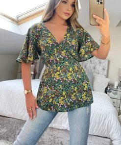 AX Paris Black Ditsy Floral Printed Short Sleeve Top Tops