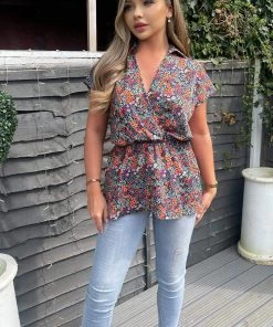 AX Paris Navy And Orange Floral Print Wrap Top Tops