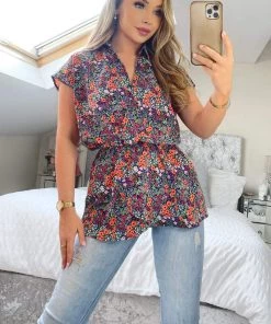 AX Paris Navy And Orange Floral Print Wrap Top Tops