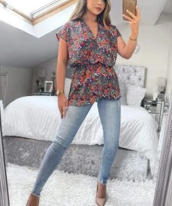 AX Paris Navy And Orange Floral Print Wrap Top Tops