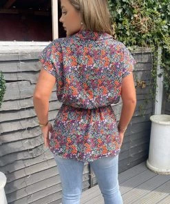 AX Paris Navy And Orange Floral Print Wrap Top Tops