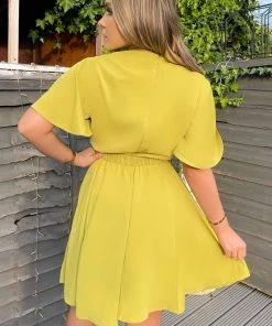 AX Paris Lime Wrap Over Belted Skater Dress With Short Sleeves Dresses