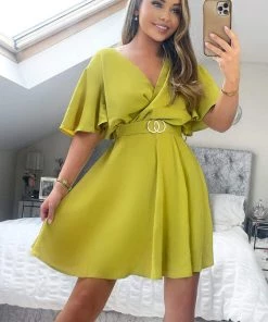 AX Paris Lime Wrap Over Belted Skater Dress With Short Sleeves Dresses