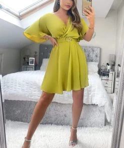 AX Paris Lime Wrap Over Belted Skater Dress With Short Sleeves Dresses
