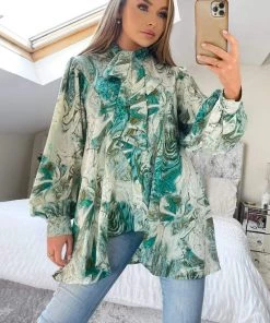 AX Paris Tops Green Marble Print Tie Neck Shirt