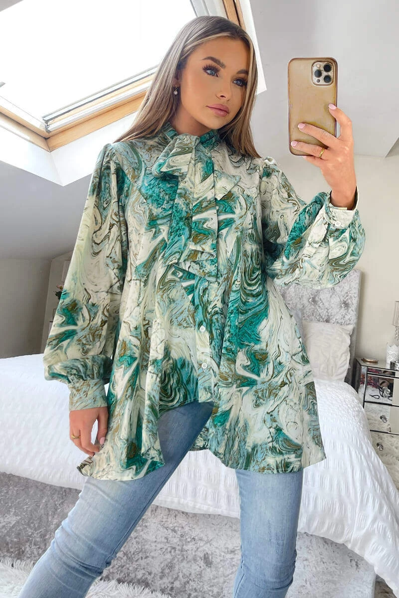AX Paris Tops Green Marble Print Tie Neck Shirt 1 AX Paris Tops Green Marble Print Tie Neck Shirt