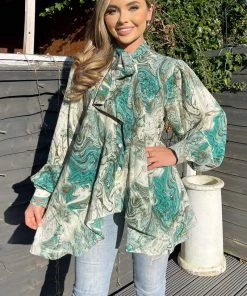 AX Paris Tops Green Marble Print Tie Neck Shirt