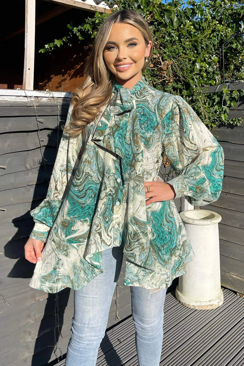 AX Paris Tops Green Marble Print Tie Neck Shirt 2 AX Paris Tops Green Marble Print Tie Neck Shirt