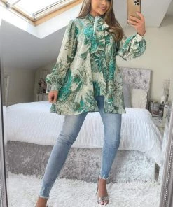 AX Paris Tops Green Marble Print Tie Neck Shirt 7 AX Paris Tops Green Marble Print Tie Neck Shirt