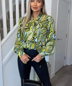AX Paris Tops Lime Printed Tie Neck Shirt