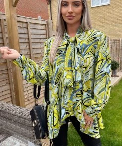 AX Paris Tops Lime Printed Tie Neck Shirt