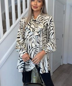 AX Paris Tops Stone Animal Print Satin Tie Neck Shirt