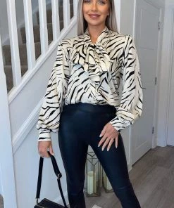 AX Paris Tops Stone Animal Print Satin Tie Neck Shirt