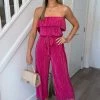 AX Paris Cerise Plisse Bardot Jumpsuit Jumpsuits And Playsuits