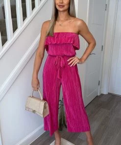 AX Paris Cerise Plisse Bardot Jumpsuit Jumpsuits And Playsuits