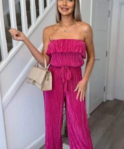 AX Paris Cerise Plisse Bardot Jumpsuit Jumpsuits And Playsuits