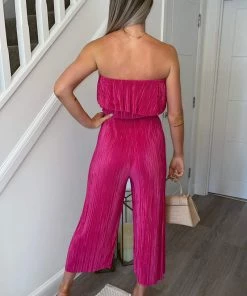 AX Paris Cerise Plisse Bardot Jumpsuit Jumpsuits And Playsuits