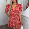 AX Paris Dresses Red Floral Puff Sleeve Wrap Over Mini Dress
