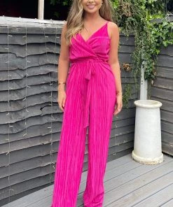 AX Paris Cerise Wrap Top Tie Waist Full Length Plisse Jumpsuit Jumpsuits And Playsuits