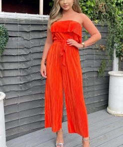 AX Paris Orange Plisse Bardot Jumpsuit Jumpsuits And Playsuits