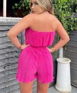 AX Paris Jumpsuits And Playsuits Cerise Plisse Bardot Playsuit