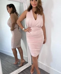 AX Paris Nude Halter Tie Neck Ruched Midi Bodycon Dress