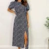 AX Paris Navy And White Printed Ruffle Front Midi Dress Dresses