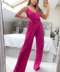 AX Paris Cerise Wrap Top Tie Waist Full Length Plisse Jumpsuit Jumpsuits And Playsuits