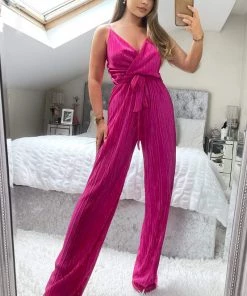 AX Paris Cerise Wrap Top Tie Waist Full Length Plisse Jumpsuit Jumpsuits And Playsuits