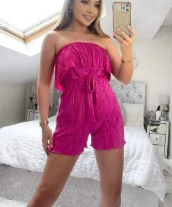 AX Paris Jumpsuits And Playsuits Cerise Plisse Bardot Playsuit