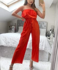 AX Paris Orange Plisse Bardot Jumpsuit Jumpsuits And Playsuits
