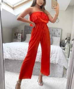 AX Paris Orange Plisse Bardot Jumpsuit Jumpsuits And Playsuits