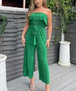AX Paris Jade Green Plisse Bardot Jumpsuit Jumpsuits And Playsuits